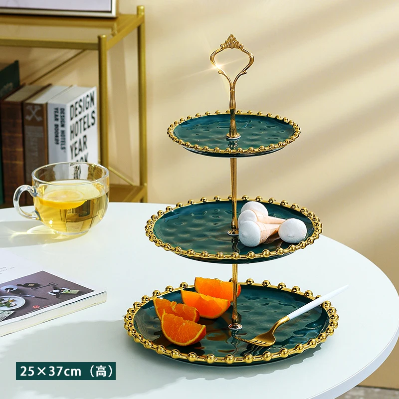 Ceramics Emerald Green Three-layer Cake Plates Fruits Tray Candy Dessert Multi-layer Plate Afternoon Tea Snack Stand Household