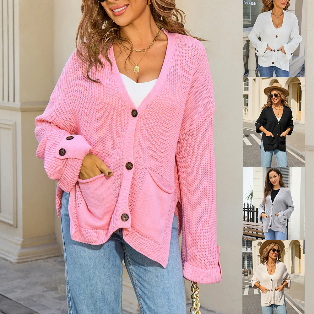 

Women Cardigan Sweaters Caost Knitted V Neck Full Sleeve Jumpers Y2k Streetwear Elegant Splice Knit Coat Work Autumn Winter