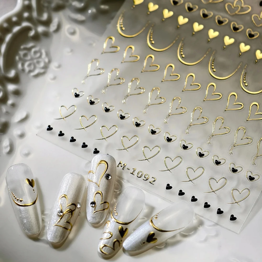 

Gold Stamped Lines Love Heart French 3D Self Adhesive Nail Art Stickers Sun Stars Bowknot Butterfly Manicure Decals Wholesale