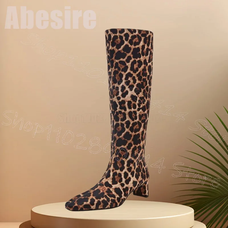 

Leopard Print Square Toe Knee High Boots Side Zipper Women Shoes Chunky High Heels Party Banquet Dating 2025 Zapatos Para Mujere
