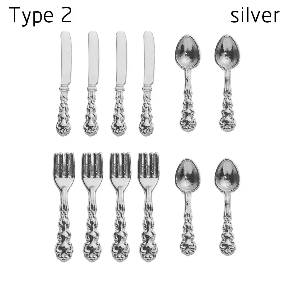 12PCS Goud Zilver Schaal 1:12 Simulatie Speelgoed Poppenhuis Meubels Mini Bestek Pop Accessoire Vork Mes Lepel Miniatuur Kookgerei