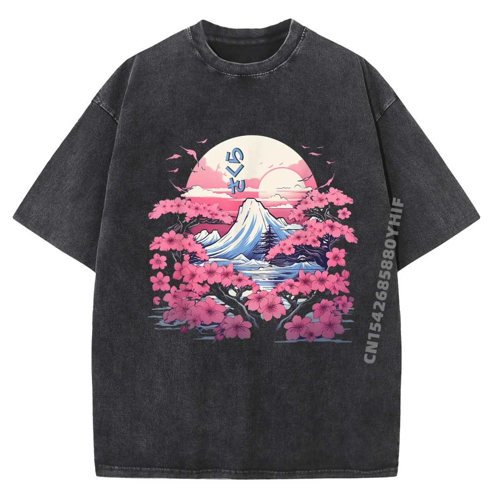 

Japanese Cherry Blossom Tree Sakura Flower Mountain Sunset Graphic T Shirts Men Fashion Washed T-Shirt