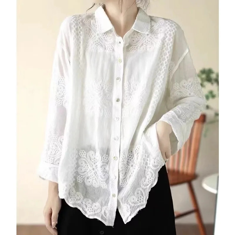 Elegant Solid Color Embroidered Cotton Long Sleeved Polo Collar Shirt Casual Loose 2024 Spring New Button Cardigan Top