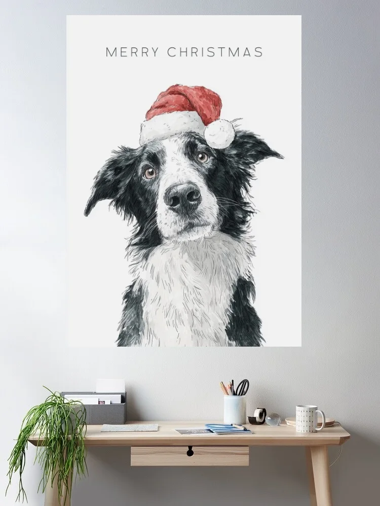 

Cute Collie Dog Wearing Santa Hat Canvas POSTER ,Home Decor Wall art painting