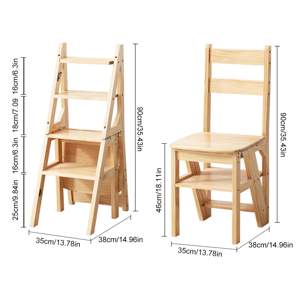 

4 Tier Solid Wood Folding Chair Multi-Function Folding Step Stool Climbing Ladder Chair for Indoor Living Room Bedroom