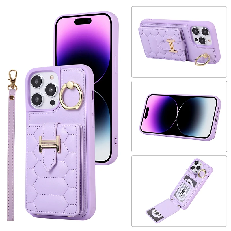 Suitable for iPhone 14 15 Cases Fashion Diamond Lattice Solid Insert Card Crossbody Card Case Finger Ring Buckle Phone Cases