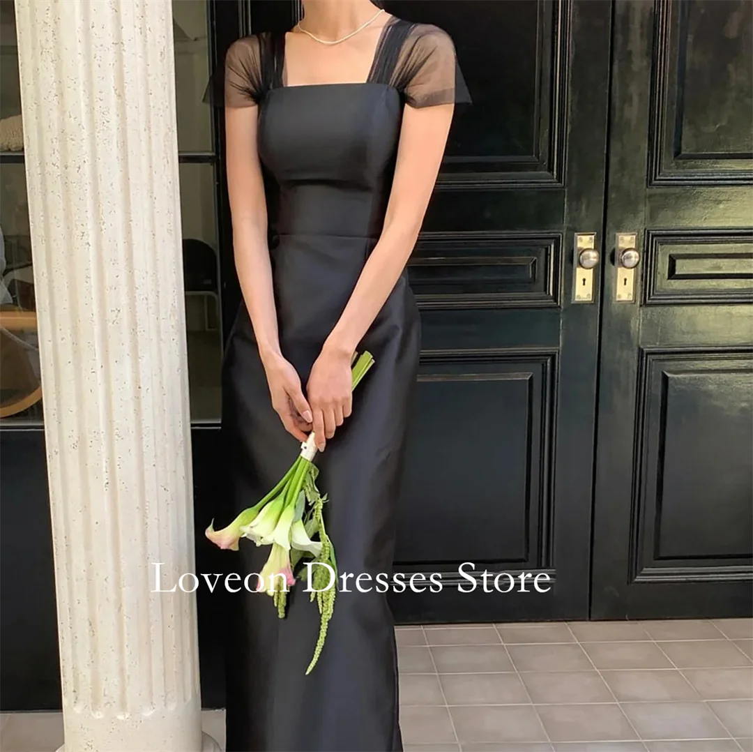 

Square Neck Black Formal Evening Dresses Floor Length Short Sleeves Korea Style Customized Elegant Prom Growns Party Women