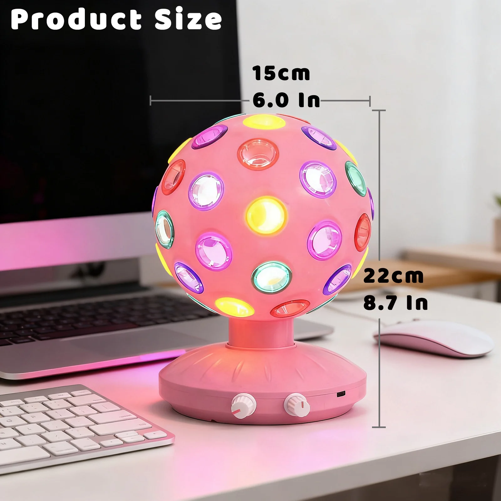 Bola de discoteca giratoria rosa Iluminación ambiental 360 °   Lámpara ajustable de velocidad/brillo giratorio (USB /3 pilas AA)