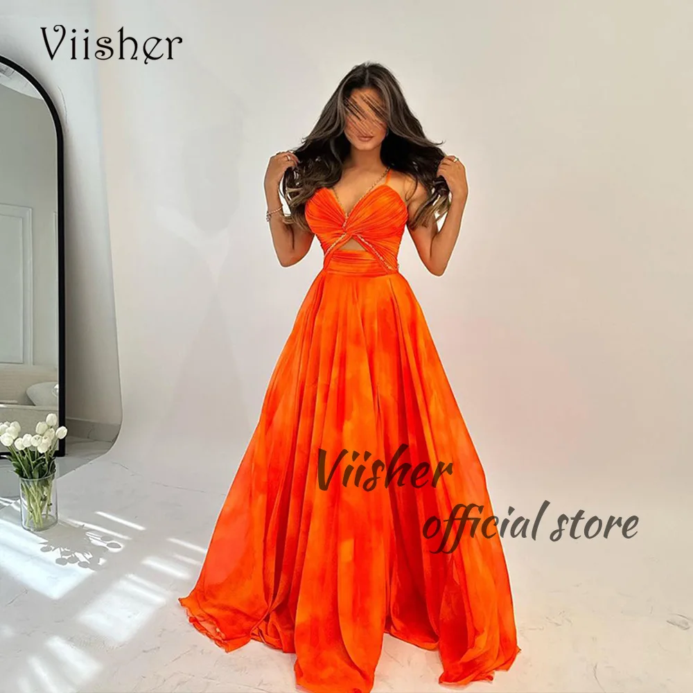 

Viisher Orange Satin A Line Evening Dresses Spaghetti Straps Pleats Sweetheart Arabic Dubai Formal Prom Dress with Train