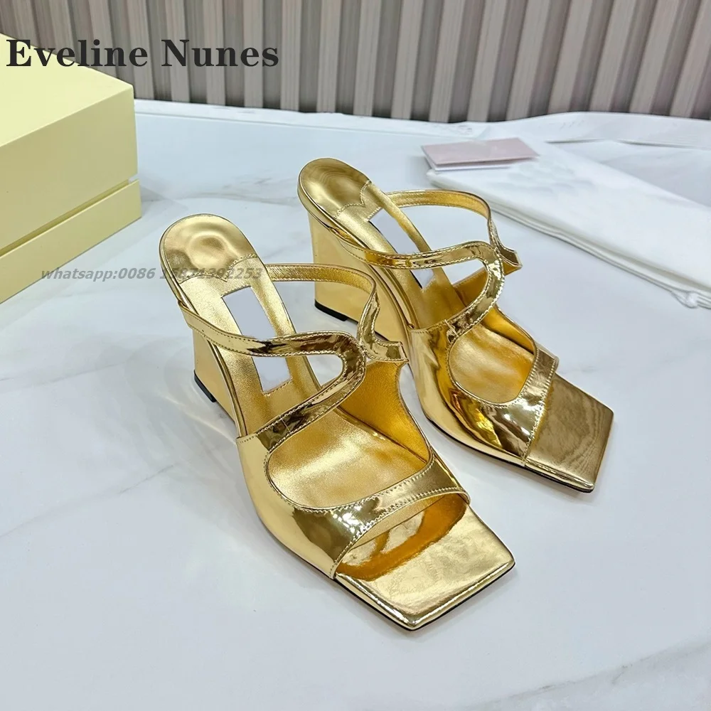 

Gold Wedges Hollow Heeled Sandals Square Toe Patent Leather Side Air Slingback Women Heels Slip On Solid Sexy Shoes Runway Show