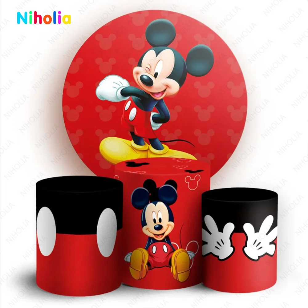 Disney Mickey Mouse Round Backdrops Covers Boy Kids 1st Birthday Circle Background Decoration Baby Shower Cylinder Cloth Elastic