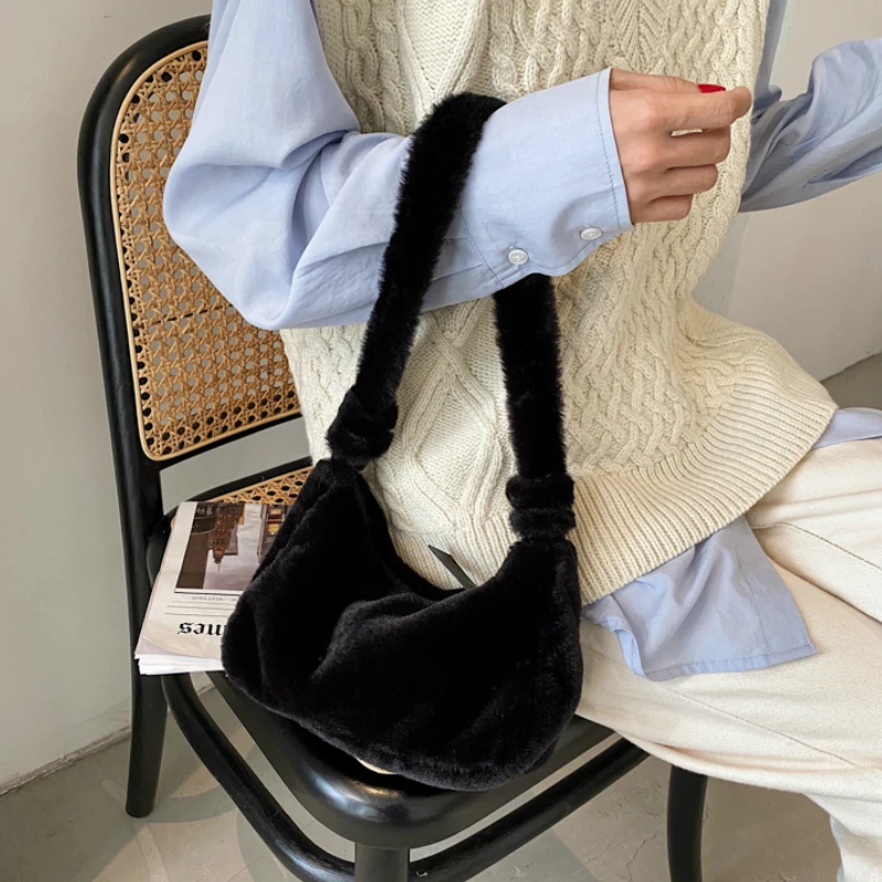 Shoulder Bags Women Winter Ladies Elegant Solid Female Underarm Fashion Simple All-match Soft Plush Hairy  Daily Popular image 3