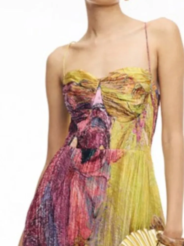 

2025 Summer Printed Long Dresses Casual Sleeveless Beach Dress Sexy Off Shoulder High Waist Pleated Vestidos De Fiesta Elegantes