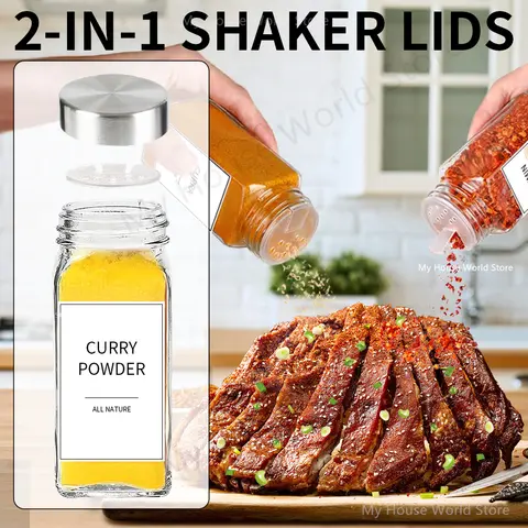 Kryddburkar i glas med kryddbehållare i rostfritt stål, salt- och pepparkar, kryddorganisatör, biologiskt nedbrytbar kryddburkset 8 best sales kryddset - №6