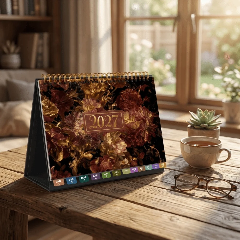 Floral Pattern 2027 Desk Calendar Standing Design Spiral Bound Standing Flip Calendar Coil Binding Decorative Table Calendar
