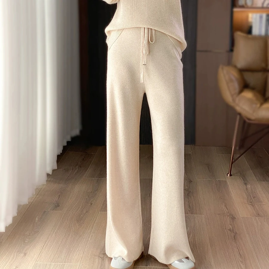 Autumn Winter New High-waisted Long Pants Women Knitted Wide-leg Trousers For Woman Elegant Ladies Straight Leg Pants