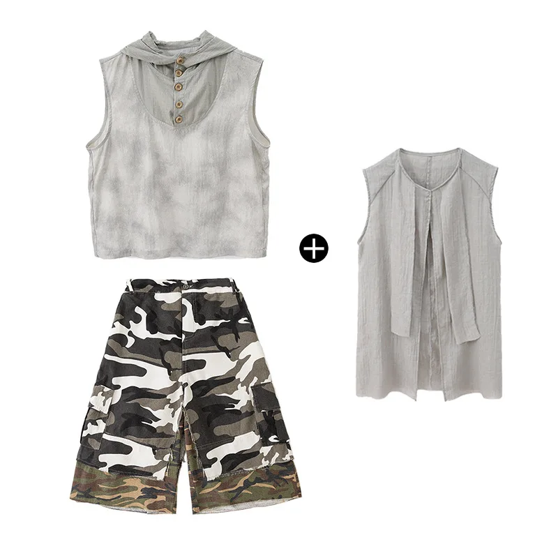 키즈 K팝 힙합 의류 그레이 후드티 탱크 케이프 컬러 블록 카모 카고 반바지 중간 바지 남아 여아 댄스 의상 옷