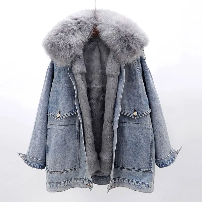 Warm Fox Fur Collar Rabbit Fur Liner Denim Jacket Femme 2024 Winter New Women Parkas Detachable Jeans coat loose outerwear R374