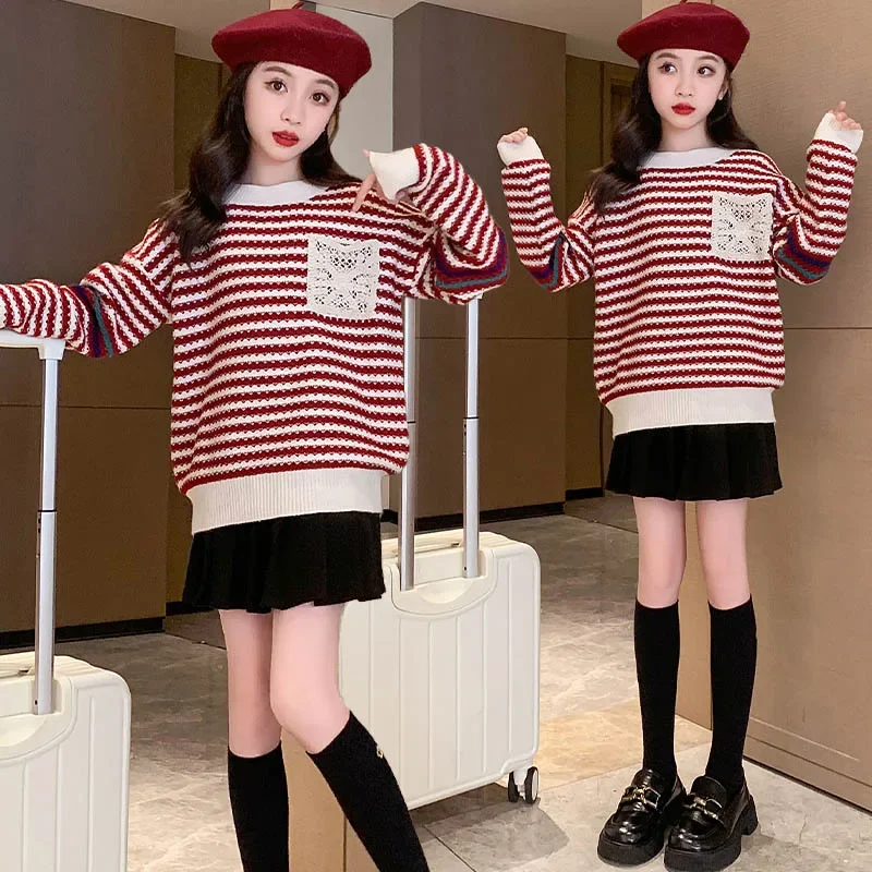 Autumn Winter School Girl Pulloverchildren Girl Striped Rolled Knitted Sweater Coat Child Knitwear Kids Kintted Tops 4-12Years