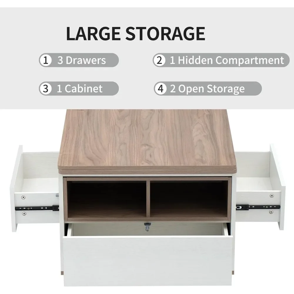 Lift Top Coffee Table with Extendable Tabletop, Storage Drawers & Cabinet