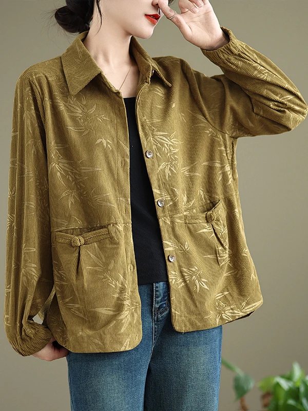 سترة قميص مخملية بطبعة أوراق الخيزران بتصميم عتيق، مقاس كبير للنساء، بزر واحد وياقة مفتوحة وأكمام طويلة، كارديجان كاجوال مفتوح #5