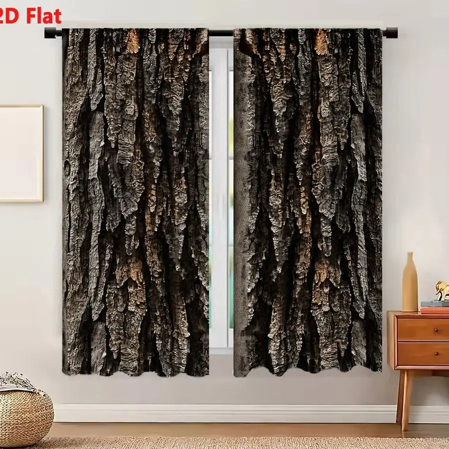 2Pcs Curtains 2D Flat Tree Bark With Deep Vertical Grooves And Ridges In Earthy Tones Window Drapes for Bedroom Room Decor Decor