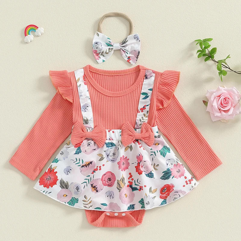 

0-18 Months Newborn Girl Bodysuits Outfit Long Sleeve Crew Neck Flower Print Romper Dress with Bowknot Headband Fall Clothes