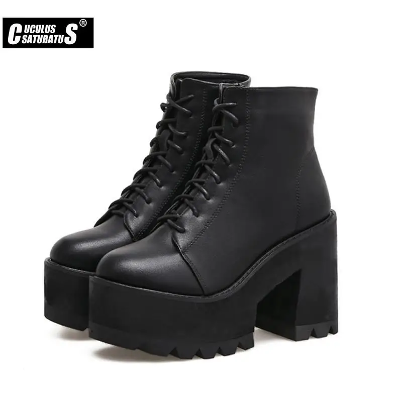 Cuculus lace up Boots 2022 Thick Heel Ankle Boots Women High Heels Autumn Winter Woman Shoes black boots platform shoes 2000