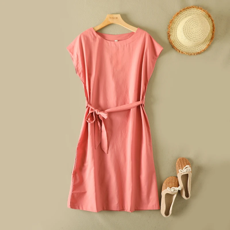 

Artistic Pure Color Cotton Lin ort Sve Long Dr Summer plus Size Women's round Ne Waist Cinched Belted A-Line Skirt