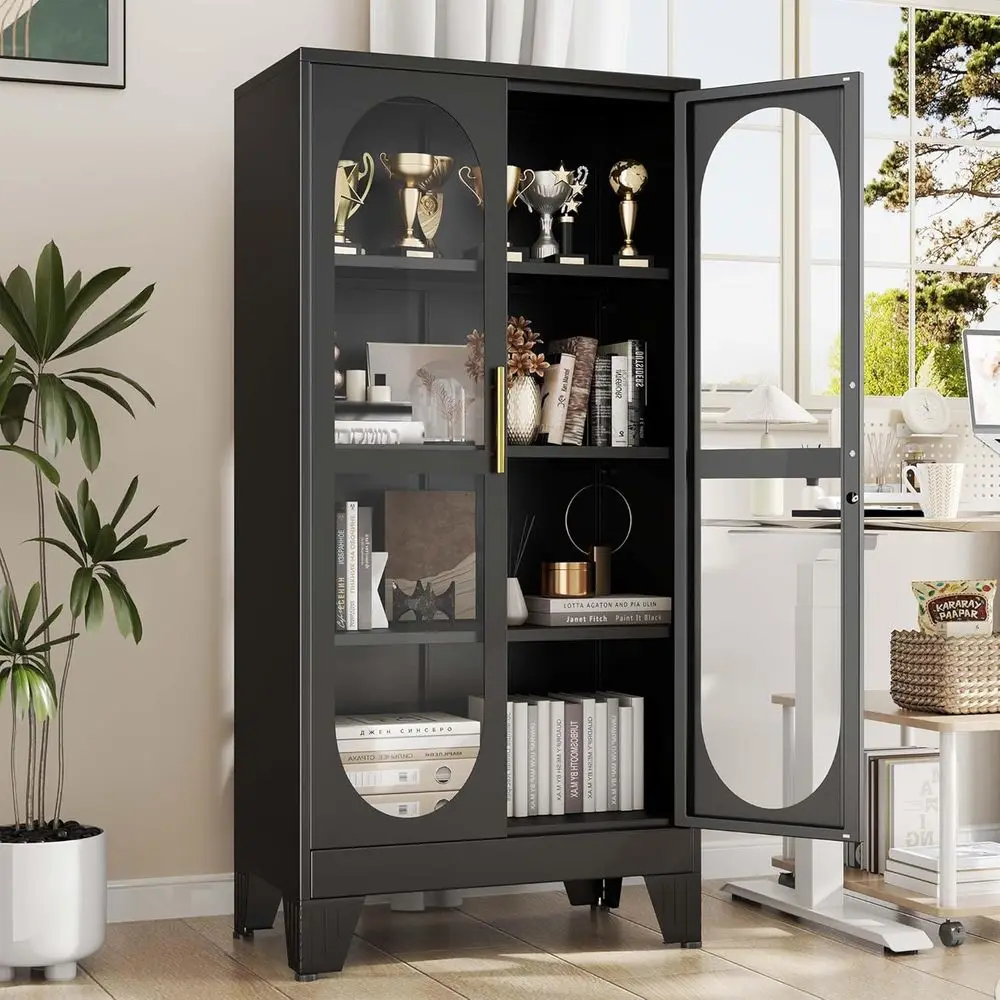 61" Glass Display Cabinet with Lock, Metal Locking Liquor Storage Cabiand 3 Adjustable Shelves, 4 Tier Tall Curio Cabinet Displa