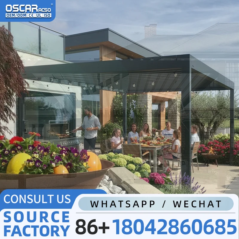 Retractable Aluminum Pergola Waterproof Louvered Outdoor Gazebo Retractable Shade Drainage System for Garden Patio Backyard perg