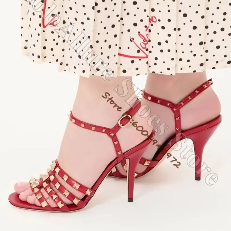 Multi Strap Gold Rockstud Gladiator Sandals Bright Red Insole Ankle Buckle Square Open Toe Heels Luxury Women Rivet Sandals