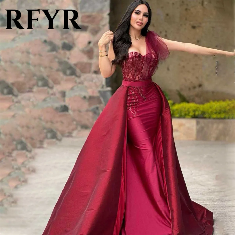 RFYR Red Prom Dresses One Shoulder A-Line Evening Dress Trumpet Party Dresses with Pleats Satin Floor-length Vestidos De Noche