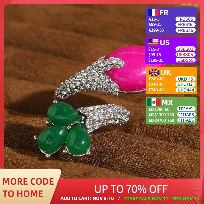 

Vintage Rose Green Flower Rings For Woman Agate Rhinestone Valentine Day Luxury Designer Jewelry Antique Gold Color Accessories