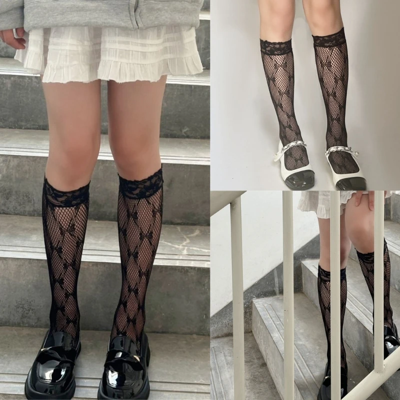 Bowknot Mesh Net Calf Socks Women Japanese Hollow Fishnet Lace Trim Long Socks