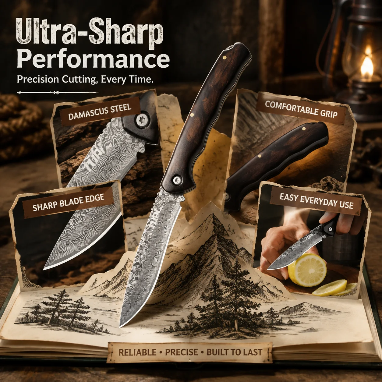 Folding Knife Damascus Steel Blade Wooden Handle Suitable For Outdoor Survival, Camping, Portable Pocket Knife