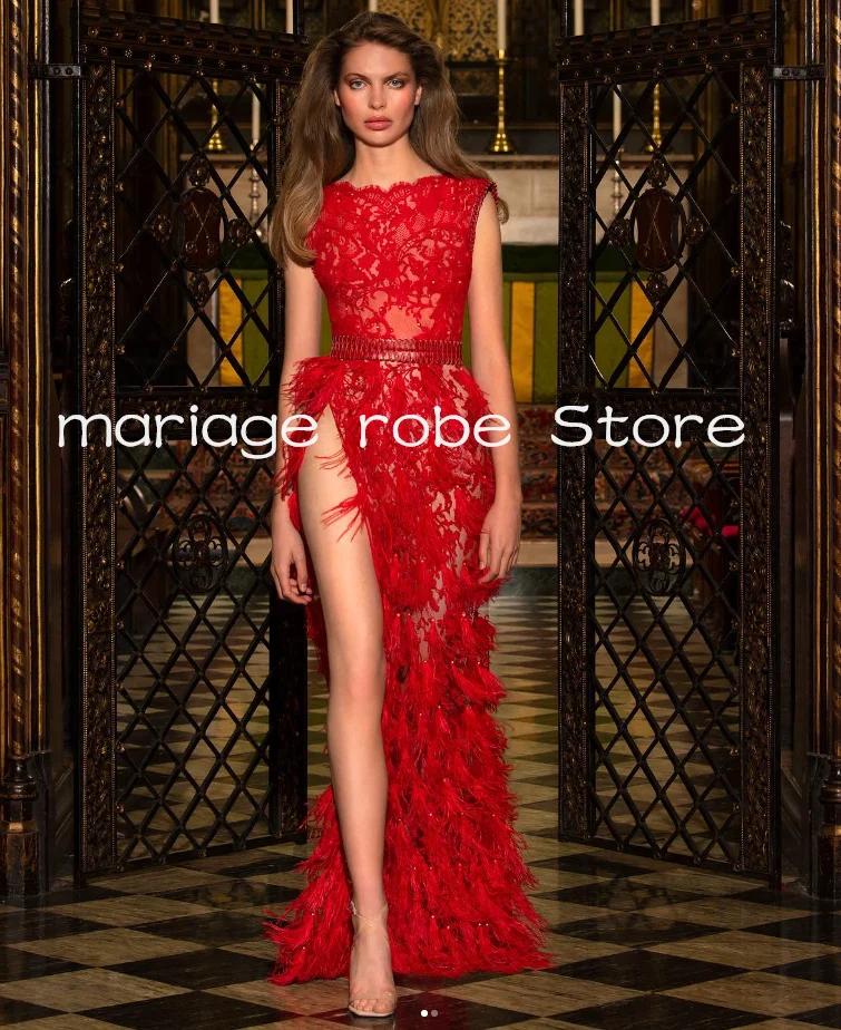 Rotes Couture-Abschlussballkleid mit französischer Spitze, sexy, hochgeschlitztes Luxus-Feder-Promi-Film-Festival-Abendkleid nach Maß