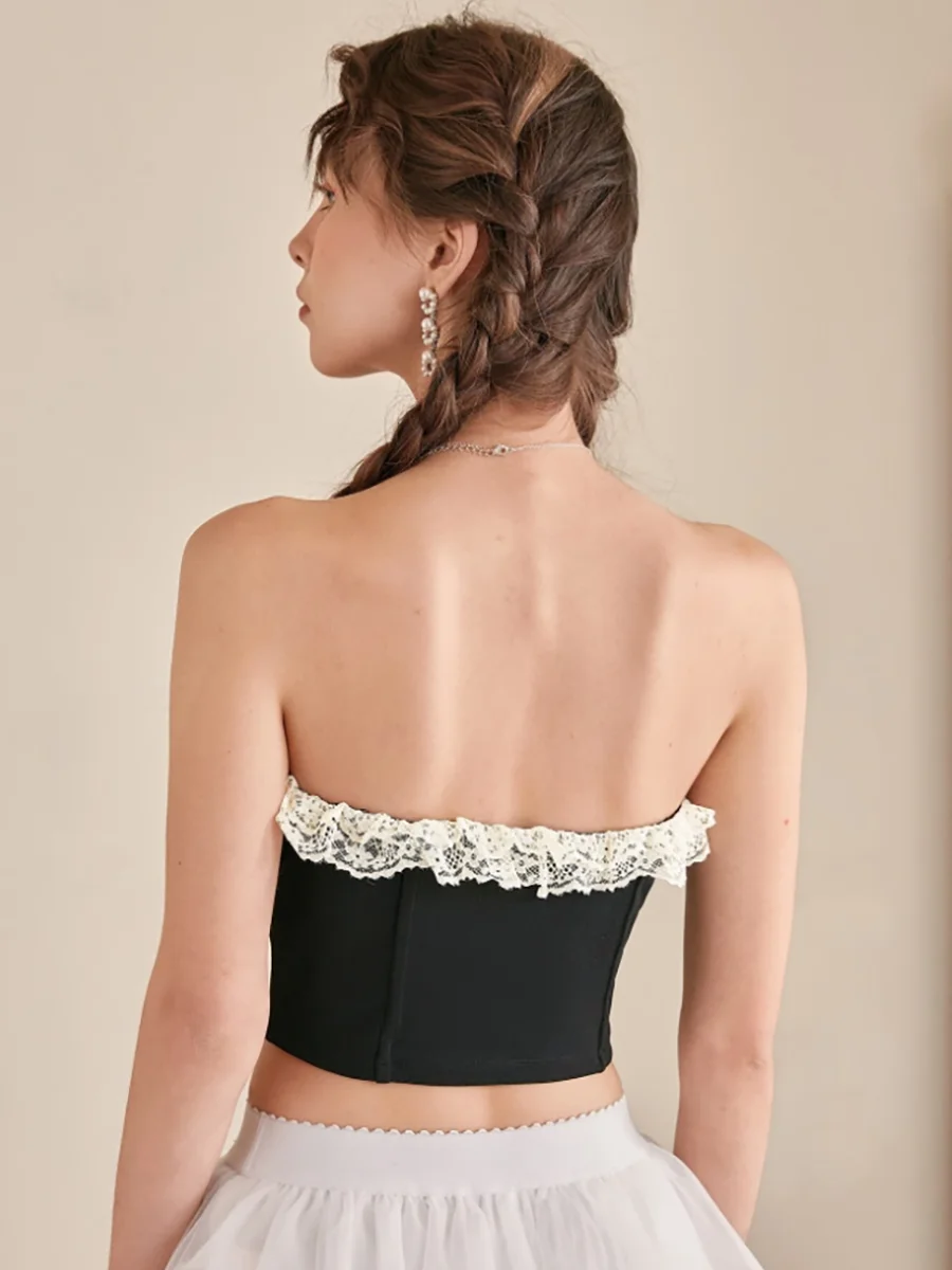 Women's Corset Top Strapless Lace Trim Bow Detail Smooth Fitted Tops Sweet Corset Spring Summer Chic Corset Party Stretchy Tops