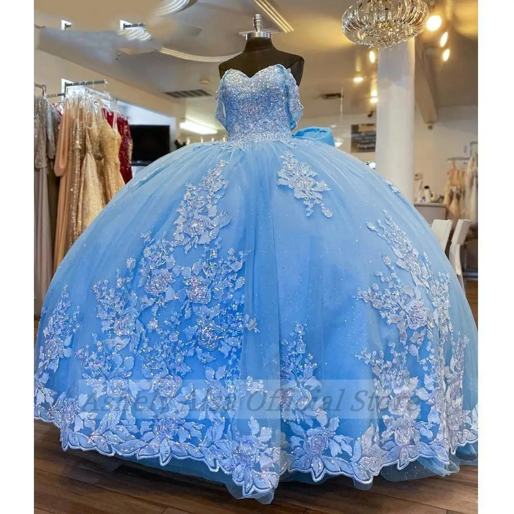 Vestido De fiesta De cumpleaños con apliques De flores y lazo, Vestido De fiesta De graduación, sin hombros, azul hielo, imagen Real, 15, 16