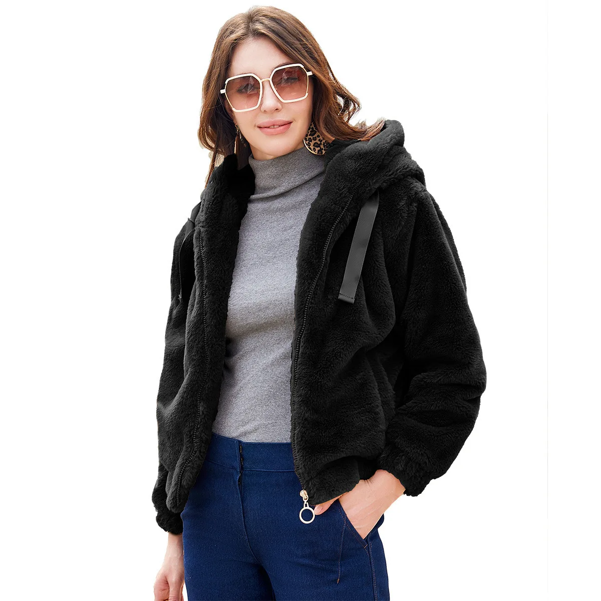 2023 Autumn/Winter New Women's Plush Coat Hooded Long Sleeve Warm Cotton Coat Solid Short Top A996