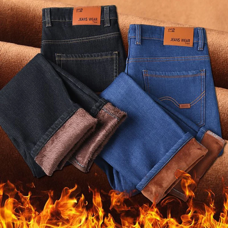 Men Winter Snow Warm Plush  Loose Minimalist Jeans Male Fleece Lined ThickenedStraight Denim Pants Slim Fit Elasticity Trousers