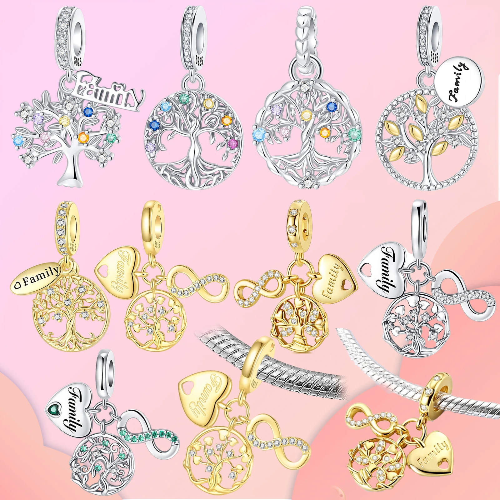 

925 Sterling Silver Family Tree of Life Dangle Charms Infinity Heart & Colorful CZ Stones Fit Bracelets Family Jewelry Gift