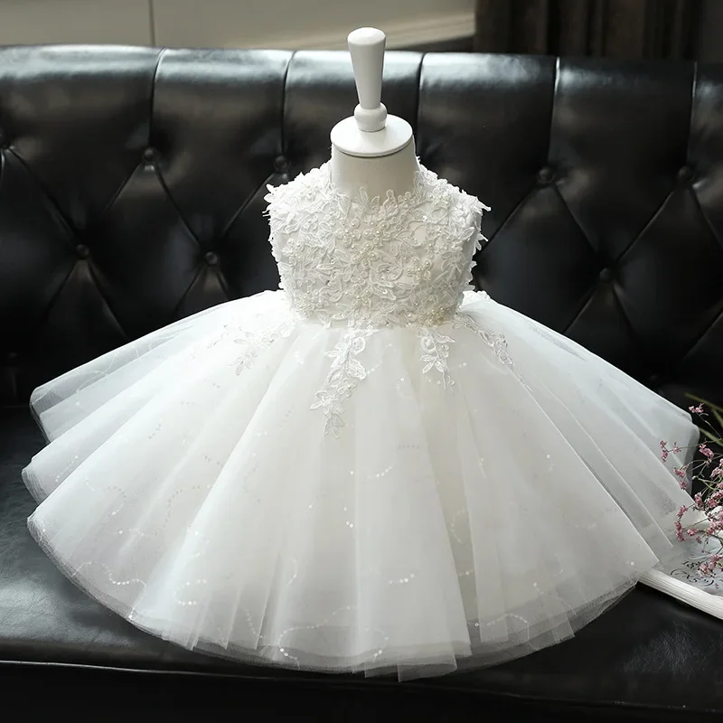 

2024 Girl's Dress Children Party Princess Lace Tulle White country Baptism Christening Ball Gown 1st Birthday dress for kids