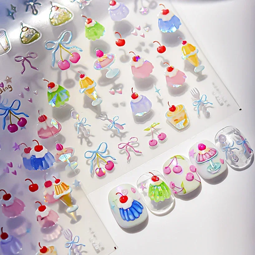 Colorful Cartoon Cake Food Cookie Dessert Jelly Fruit Cherry Bowknot Heart Pizza Embossed Relief Nail Art Sticker Manicure Decal