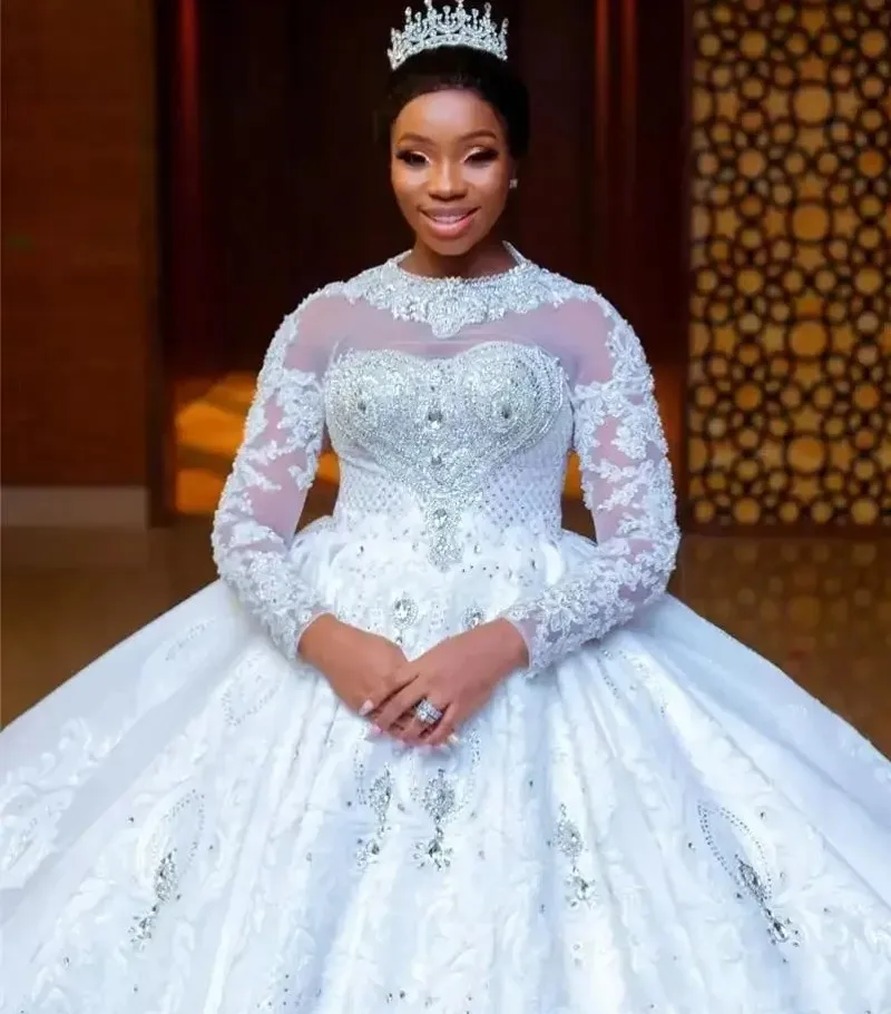 

Luxury African Wedding Dress 2026 Sheer O-Neck Long Sleeves Crystal Illusion Beading Bride Bridal Gowns vestido de novia