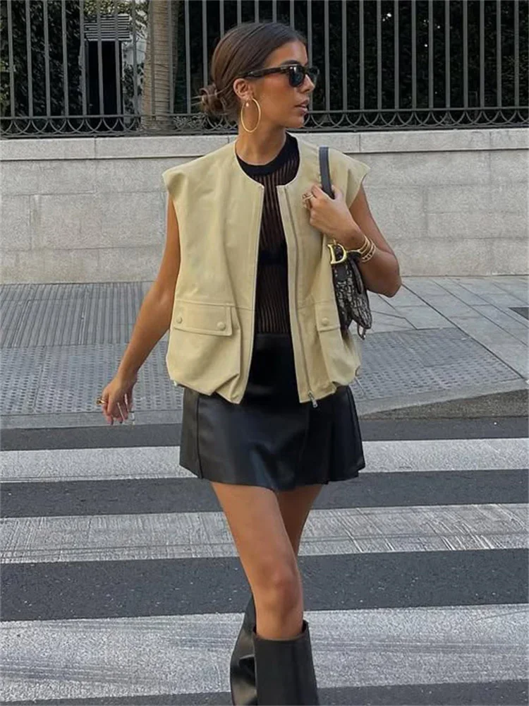 Fashion Loose Women's Vestidos Coat Sleeveless Zipper Pocket Patchwork Loose Commute Vest Jackets Female Outwear Vestidos