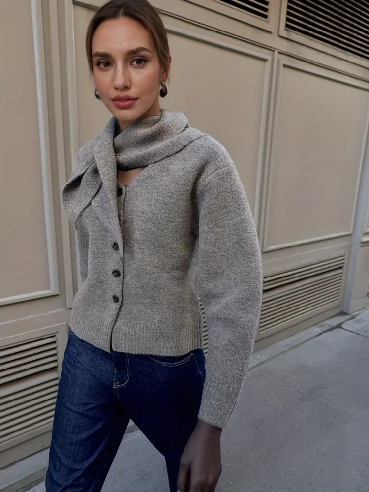 

Осенний женский кардиган с шарфом Drtail с v-образным вырезом и длинными рукавами на пуговицах, вязаные пальто, женский элегантный теплый свитер, кардиган, верхняя одежда