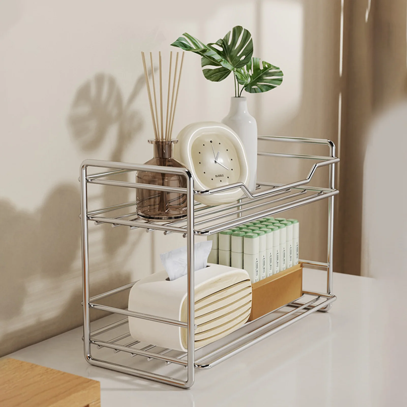 

2 Layers Storage Rack Stainless Steel Anti Rust Organizer Shelf Kitchen Bathroom Food Condiment Cosmetic Makeup Storage Holder