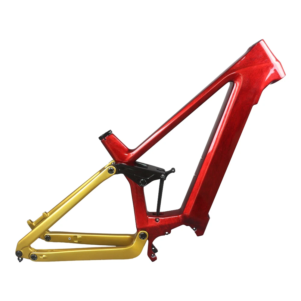 29er Boost Suspension Carbon E-Bike Frame E69 BAFANG M500 M510 M600 Motor Travel 150mm Red Ice Crack Paint + Gold Color