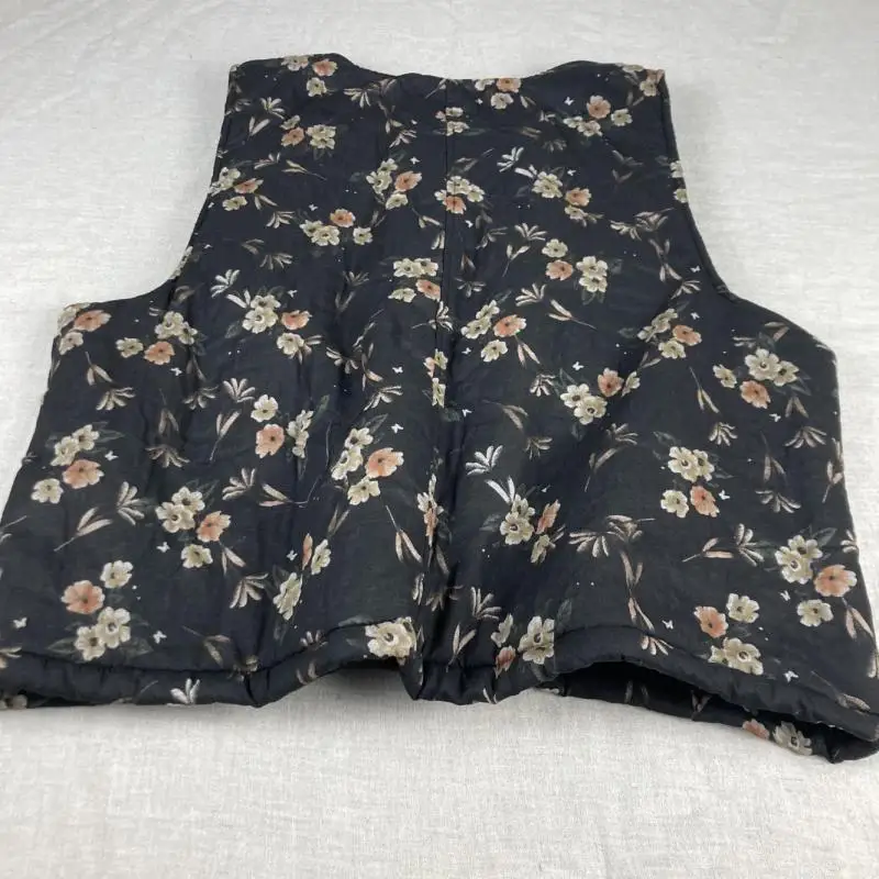 Autumn Winter Arts Style Women Loose O-neck Sleeveless Coats Double Pockets Vintage Floral Thick Cotton Linen Pullover Vest  T45
